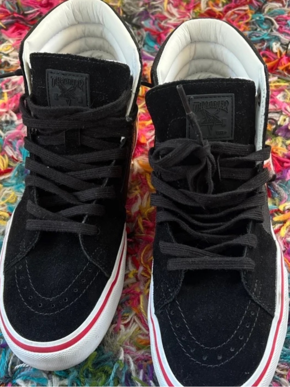 Vans Kids Black Suede High-Top Sneakers with White & Red Stripe